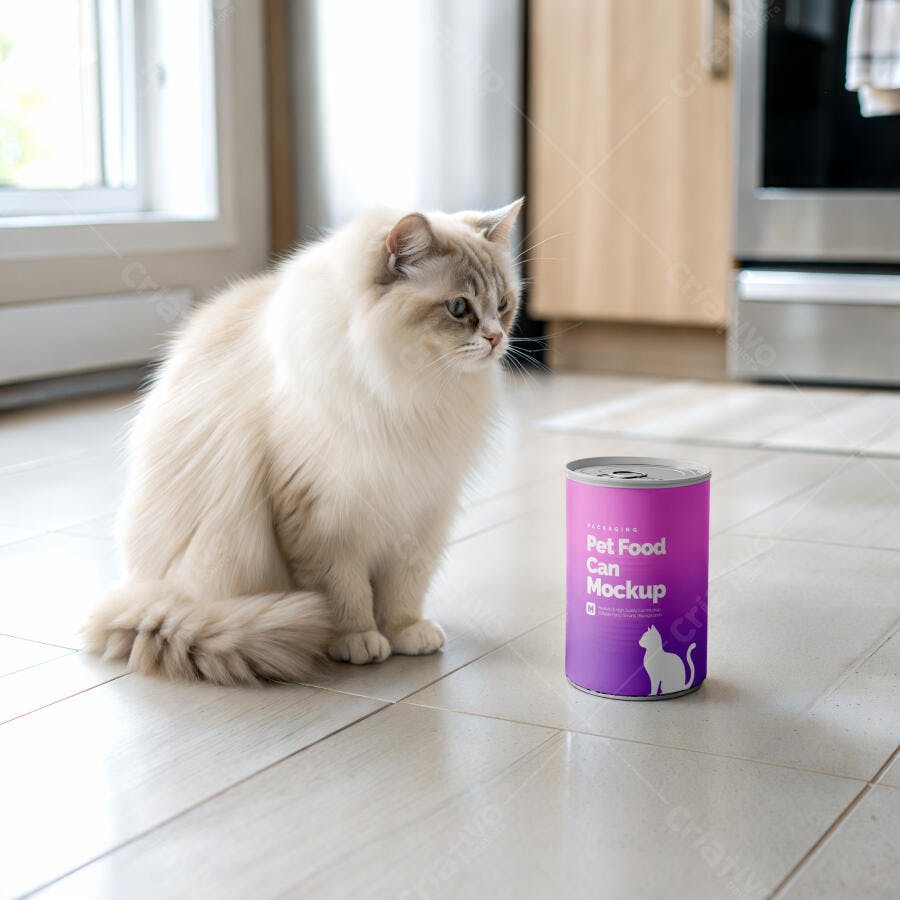 Mockup Lata Comida Pet Gato Chão Cozinha Editável
