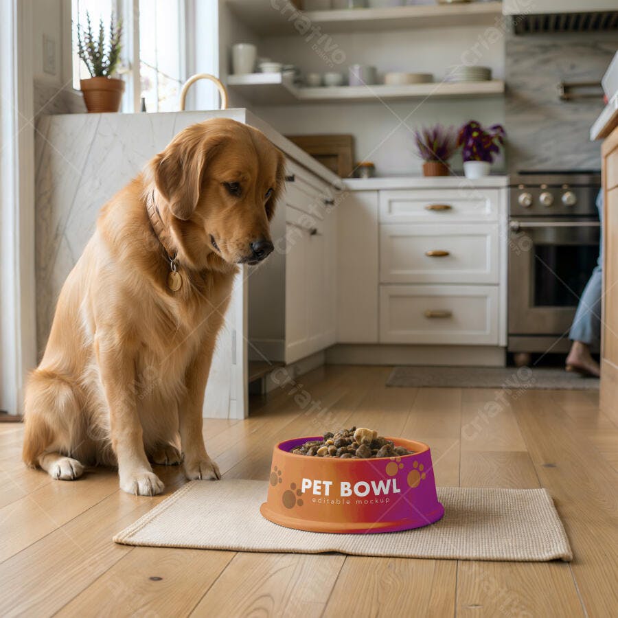 Mockup Tigela Pet Cachorro Golden Retriever Cozinha Editável
