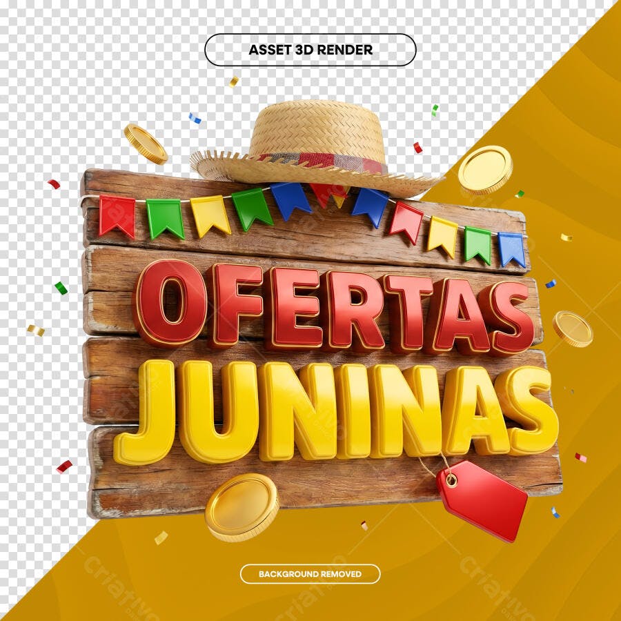 Ofertas Juninas 3D Placa Madeira Chapéu Caipira PNG Transparente