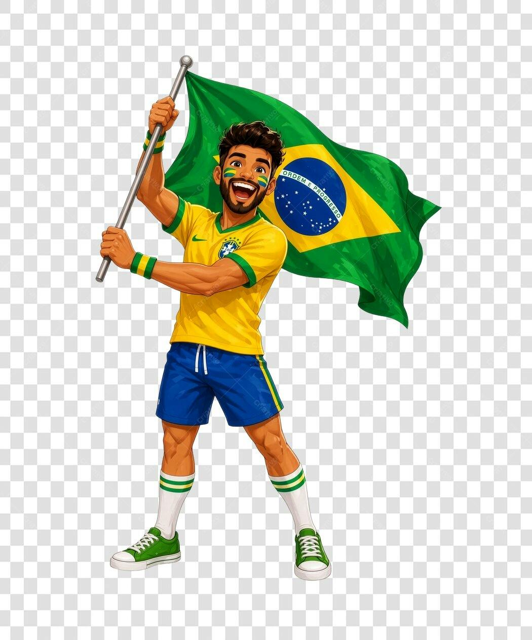 Personagem Ilustrado Torcedor Brasil Bandeira PNG Fundo Transparente