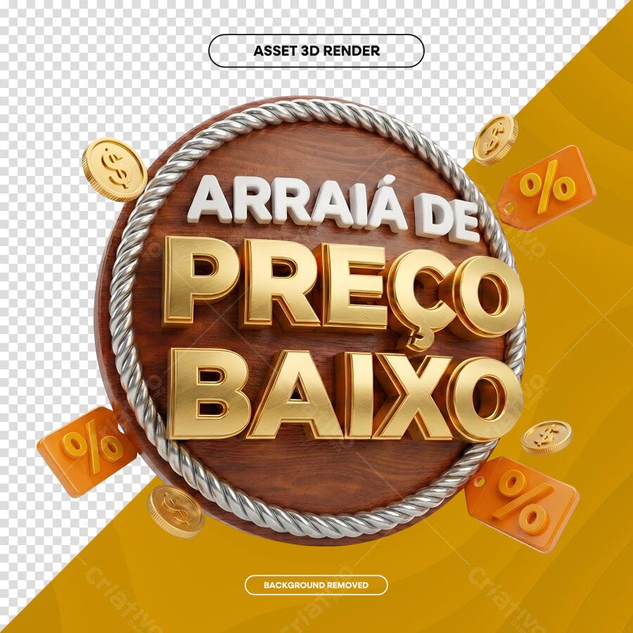 Selo 3D Arraiá de Preço Baixo Dourado e Madeira PNG