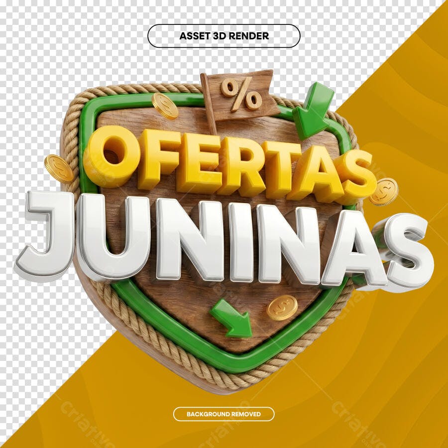 Selo 3D Ofertas Juninas Escudo Madeira PNG Transparente