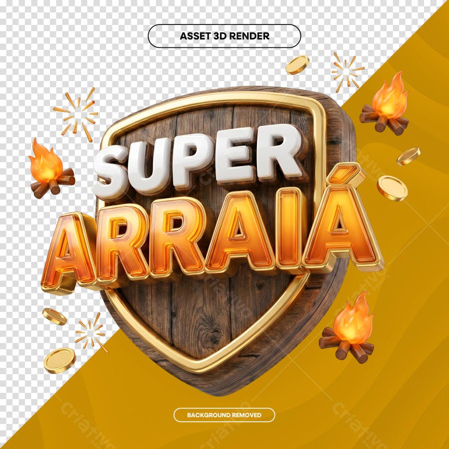 Selo 3D Super Arraiá Festa Junina Escudo Madeira PNG Transparente