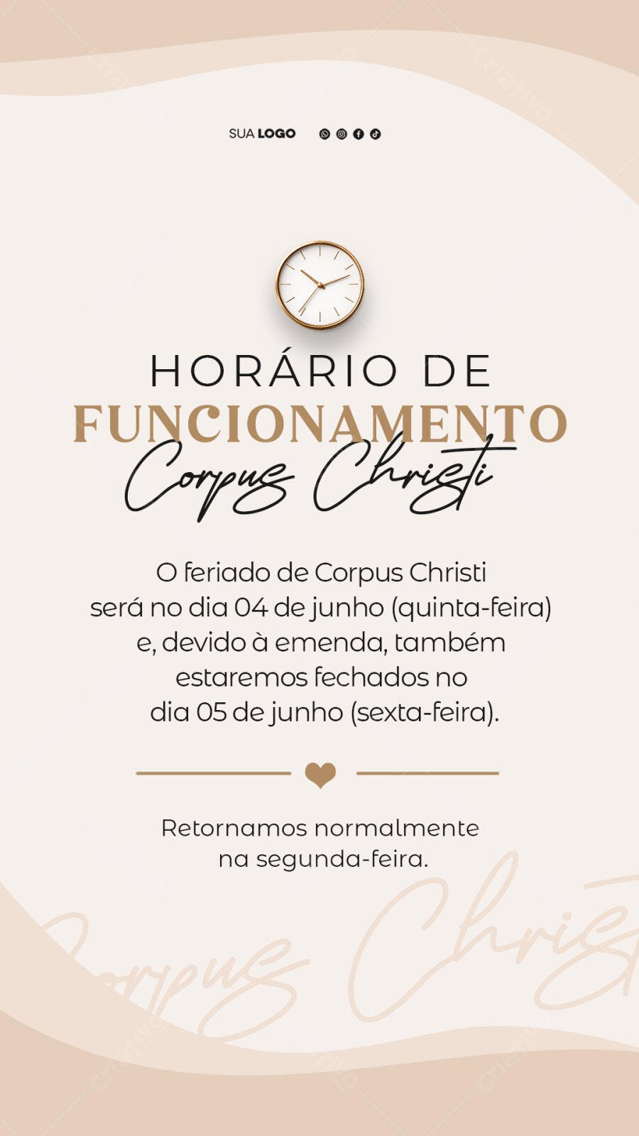 Story Horário Funcionamento Corpus Christi Junho PSD Editável
