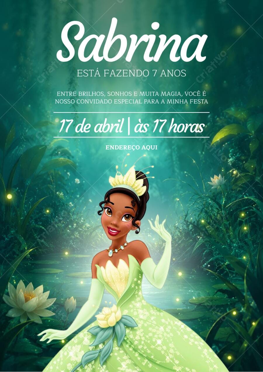 Convite Aniversário A Princesa e o Sapo Tiana 7 Anos Editável