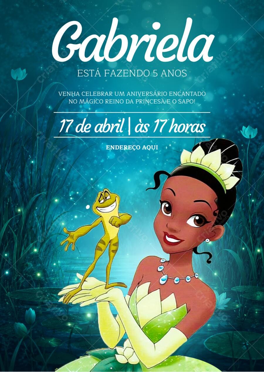 Convite Aniversário Princesa e o Sapo Tiana 5 Anos Editável