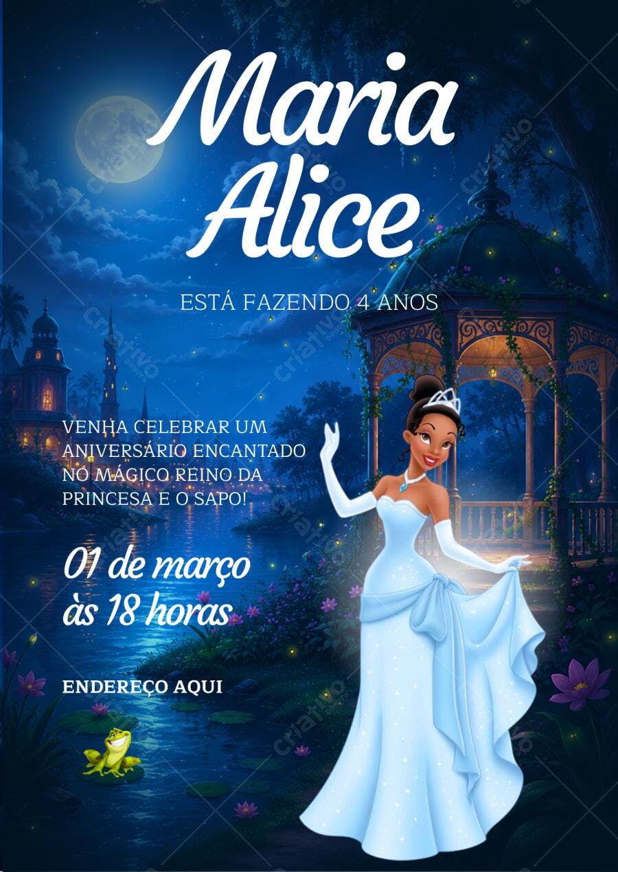 Convite Aniversário Princesa Tiana Sapo 4 Anos Editável