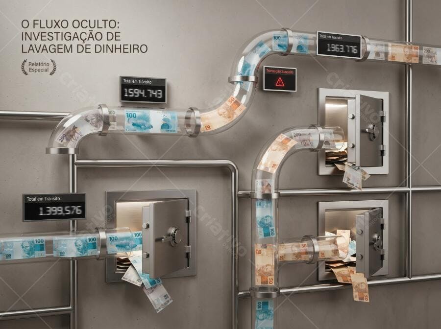 Fluxo Lavagem Dinheiro Tubos Cofres Notas Reais Ilustração 3D