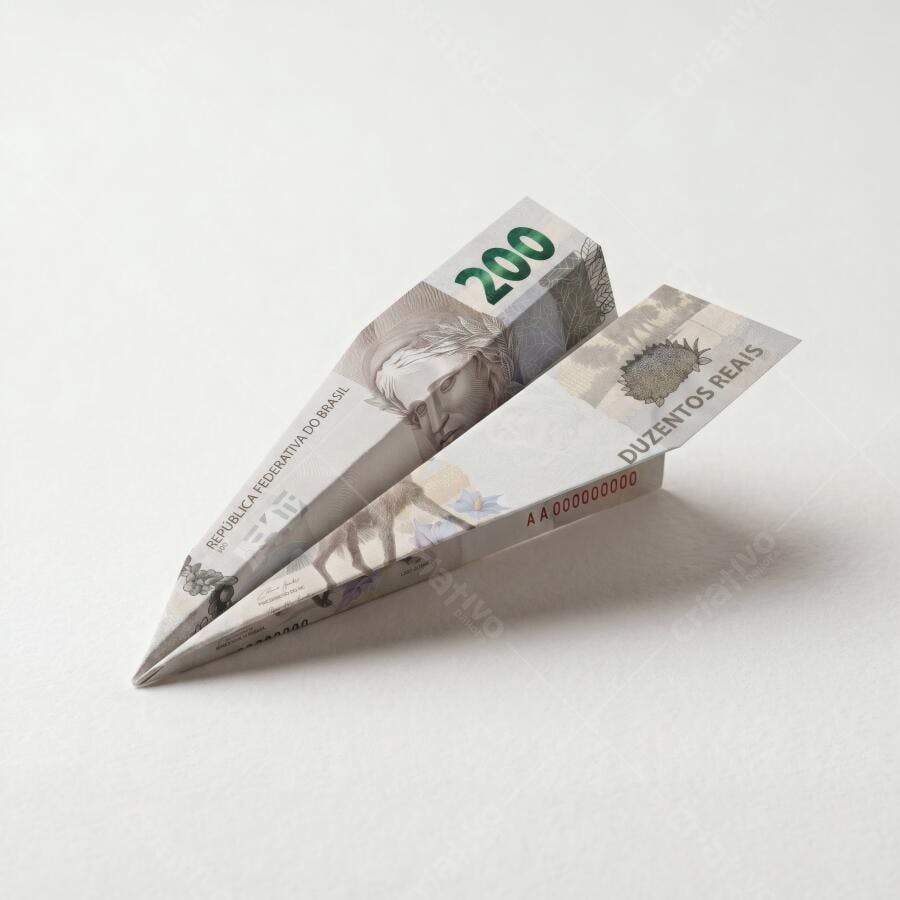 Foto Avião de Papel Nota de Duzentos Reais Fundo Branco