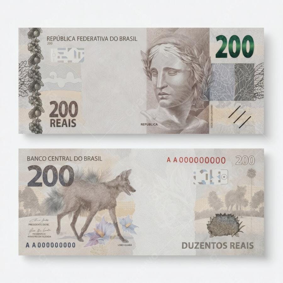 Foto Cédula 200 Reais Frente e Verso Dinheiro Brasileiro