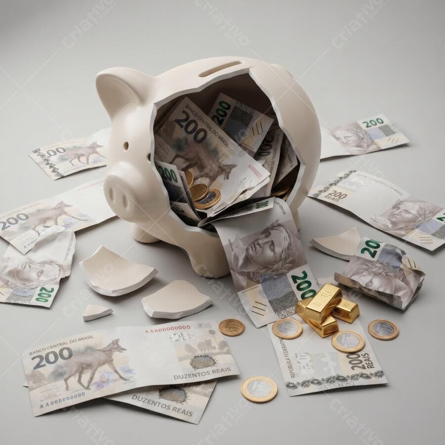 Foto Cofrinho Quebrado Dinheiro Real Moedas Barras Ouro