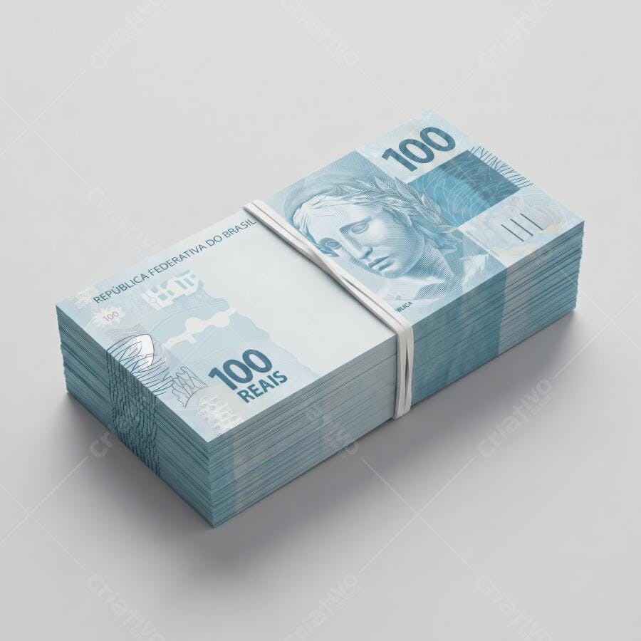 Foto Dinheiro Cédulas de Cem Reais Empilhadas Fundo Branco