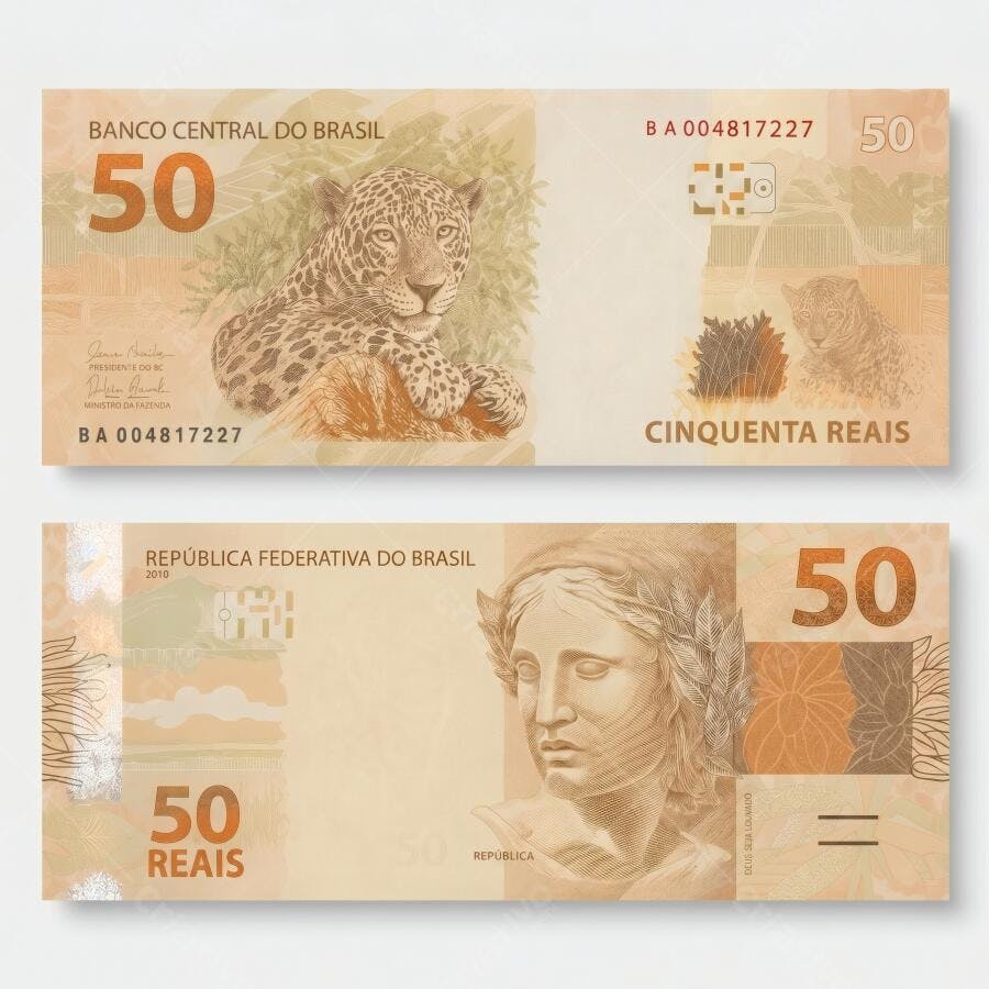 Foto Dinheiro Nota 50 Reais Frente e Verso Fundo Branco