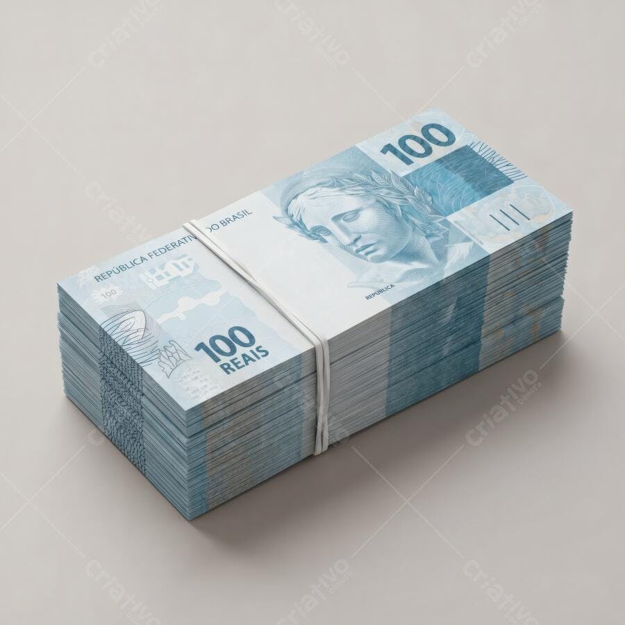 Foto Dinheiro Notas de 100 Reais Empilhadas Fundo Neutro