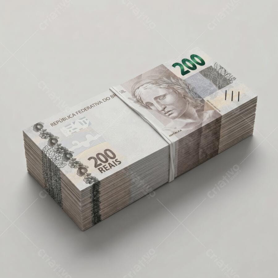 Foto Dinheiro Notas de 200 Reais Empilhadas Fundo Branco
