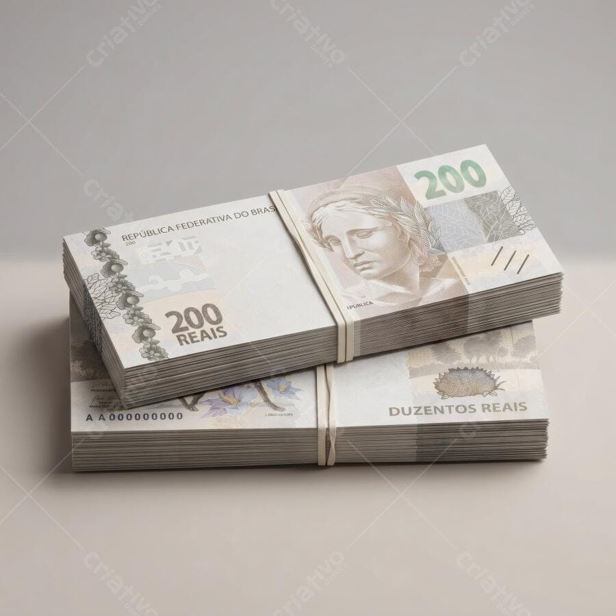 Foto Dinheiro Notas de 200 Reais Empilhadas Fundo Neutro