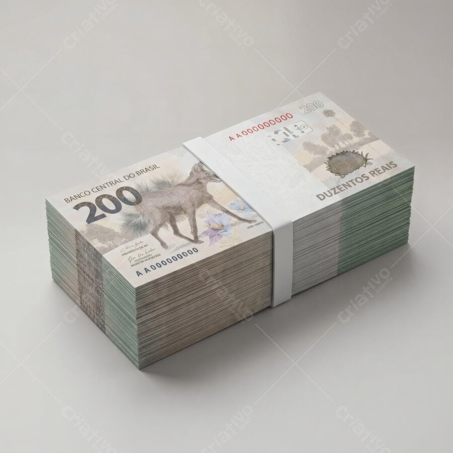 Foto Dinheiro Notas de Duzentos Reais Empilhadas Fundo Branco