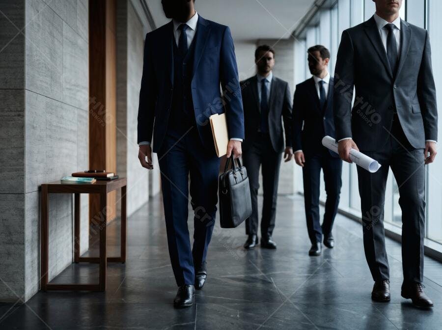 Foto Grupo Homens Terno Caminhando Corredor Escritório Corporativo