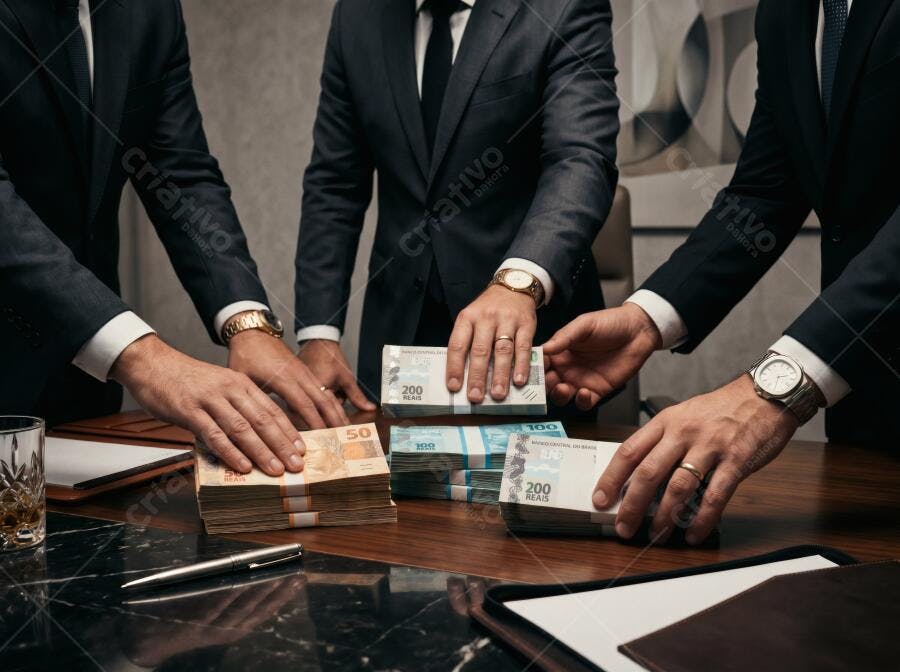 Foto Homens de Negócios Contando Dinheiro Reais Brasileiros Mesa Escritório
