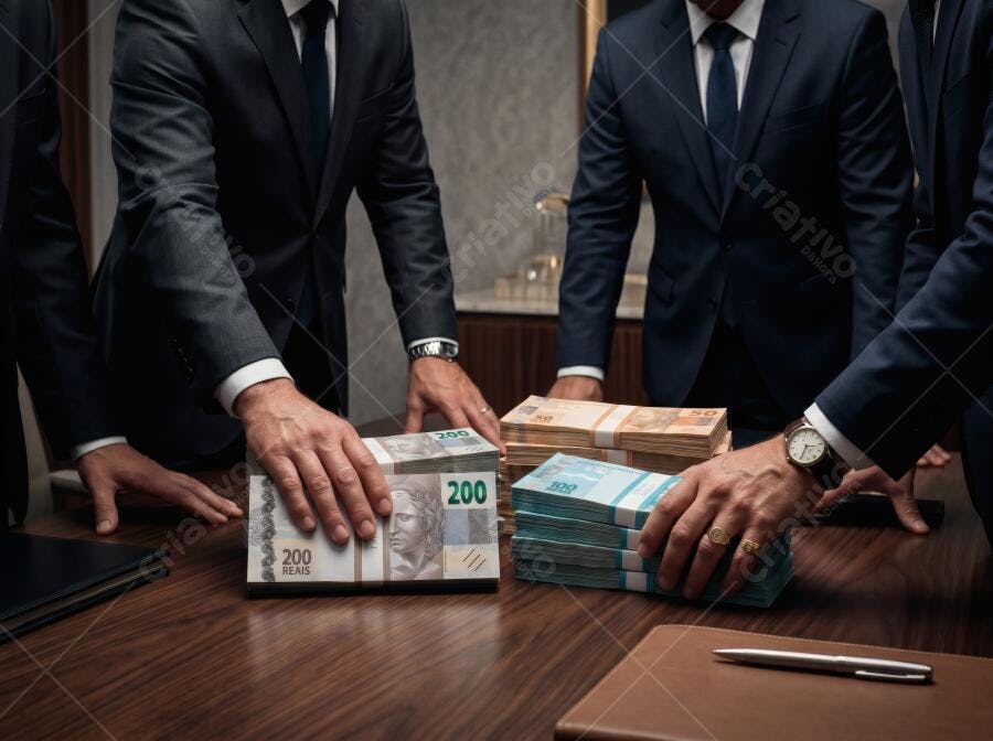 Foto Homens Negociando Dinheiro Reais Malas em Mesa Escura
