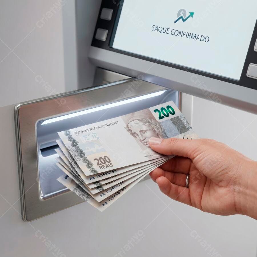 Foto Mão Sacando Dinheiro 200 Reais Caixa Eletrônico Saque Confirmado