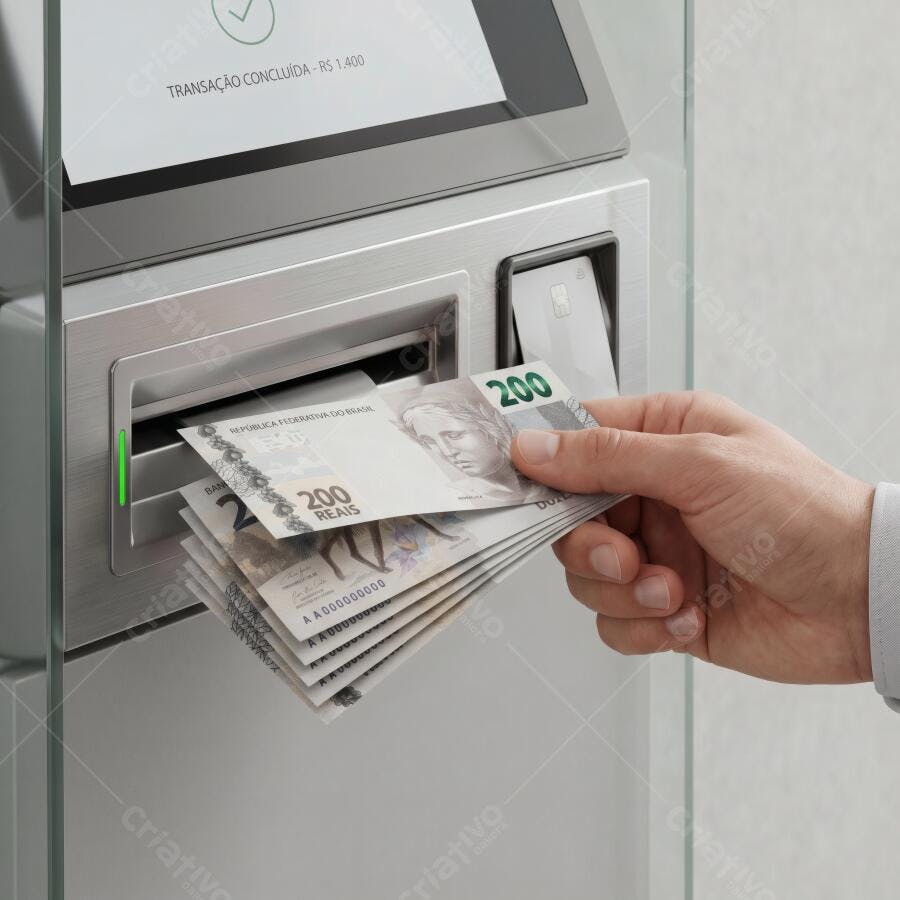 Foto Mão Sacando Dinheiro Caixas Notas de 200 Reais