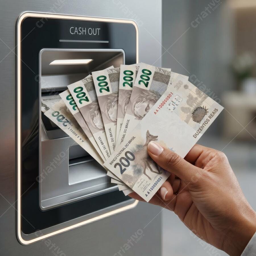 Foto Mão Sacando Dinheiro Caixas Notas de Duzentos Reais