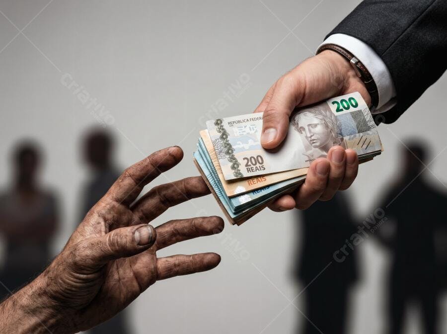 Foto Mão Suja Recebendo Dinheiro Notas de Reais Corrupção Pobreza