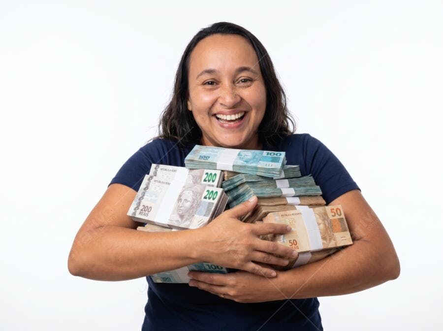 Foto Mulher Brasileira Feliz Abraçando Dinheiro Reais Brasileiros