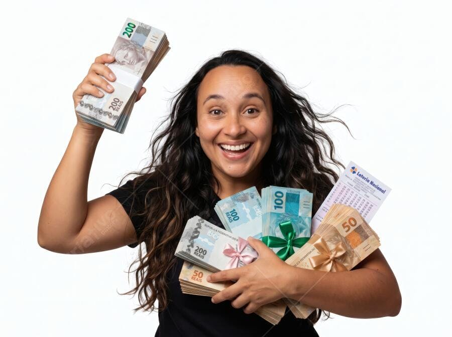Foto Mulher Brasileira Feliz Celebrando Ganhos Financeiros Loteria