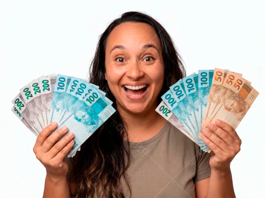 Foto Mulher Brasileira Feliz Segurando Dinheiro Reais Brasileiros