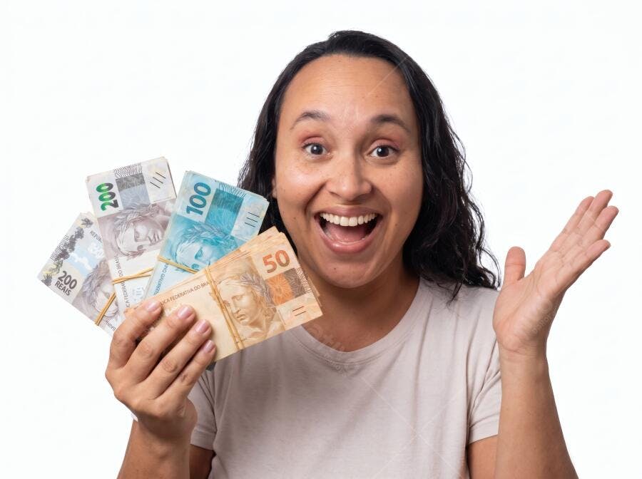 Foto Mulher Brasileira Feliz Segurando Dinheiro Reais