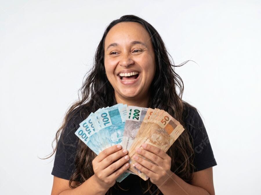 Foto Mulher Brasileira Sorrindo com Dinheiro Cédulas de Real
