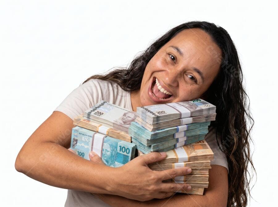 Foto Mulher Feliz Abraçando Dinheiro Reais Brasileiros Fundo Branco