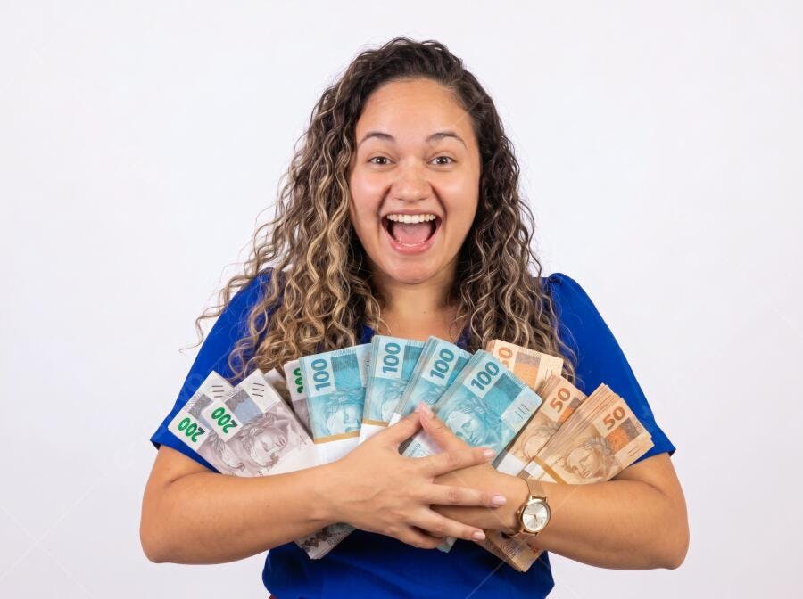 Foto Mulher Feliz Segurando Dinheiro Reais Brasileiros Fundo Branco