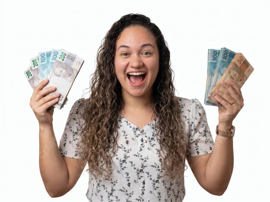 Foto Mulher Jovem Celebrando Dinheiro Reais Brasileiros Fundo Branco