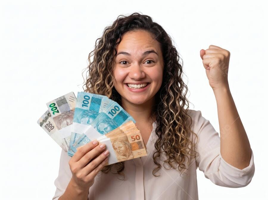 Foto Mulher Jovem Feliz Segurando Dinheiro Reais Brasileiros