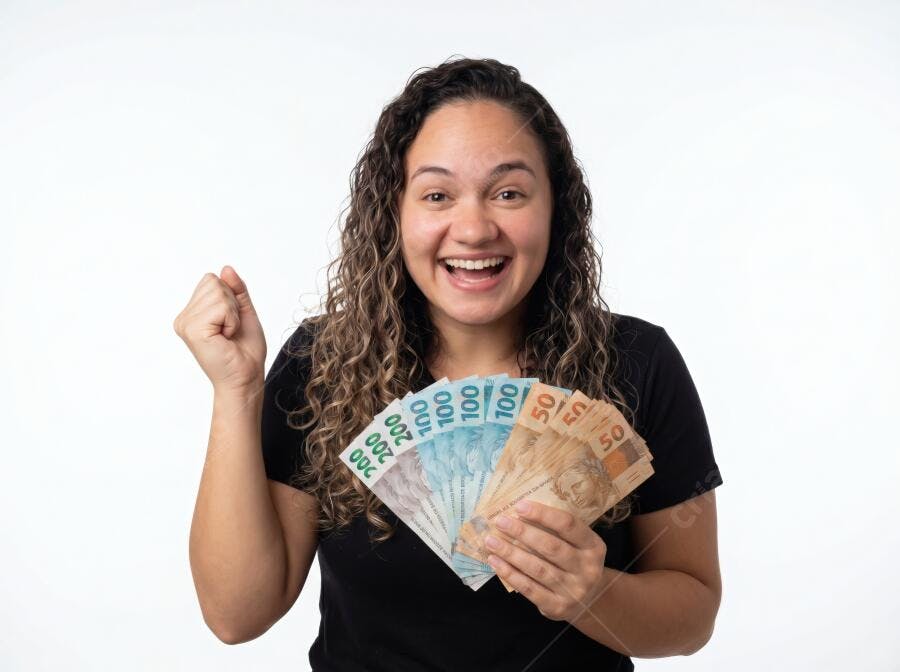 Foto Mulher Jovem Feliz Segurando Dinheiro Reais Brasileiros