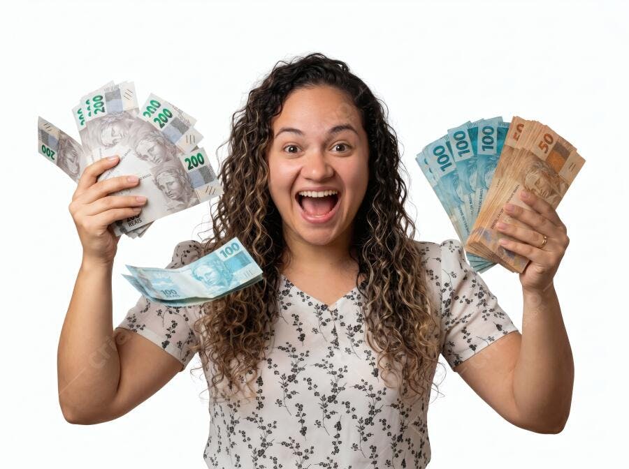 Foto Mulher Jovem Feliz Segurando Dinheiro Reais Brasileiros