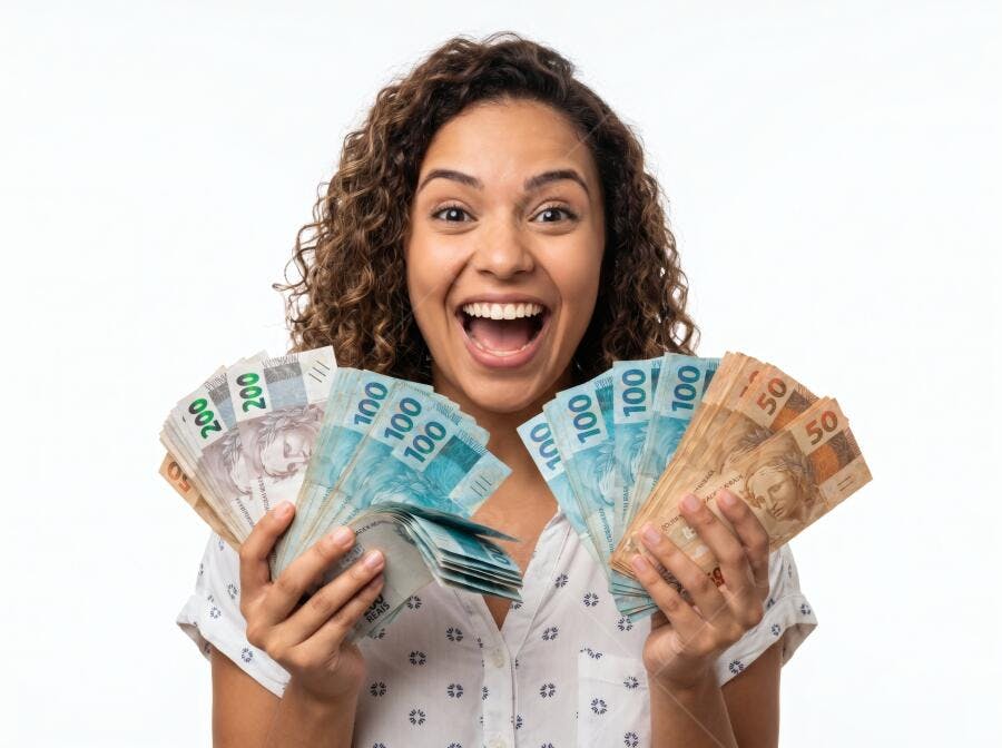 Foto Mulher Jovem Negra Feliz Segurando Dinheiro Reais Brasil