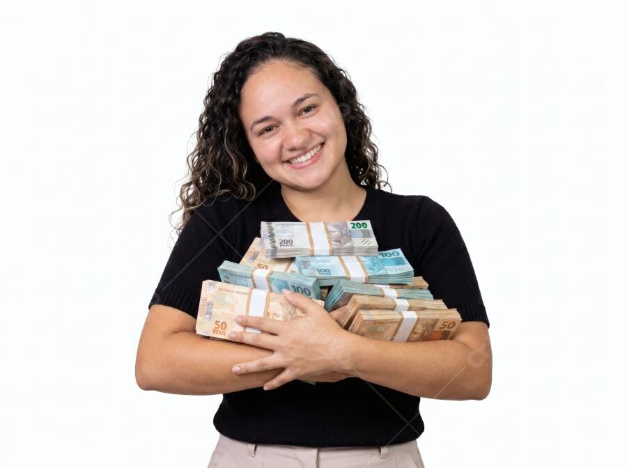 Foto Mulher Jovem Sorrindo Segurando Dinheiro Reais Brasileiro