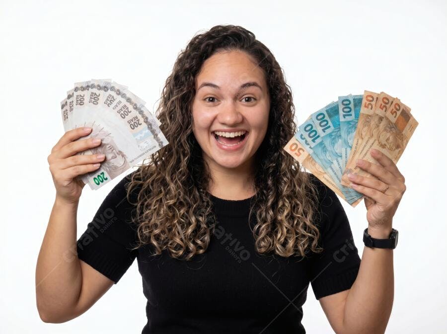 Foto Mulher Jovem Sorrindo Segurando Dinheiro Reais Brasileiros