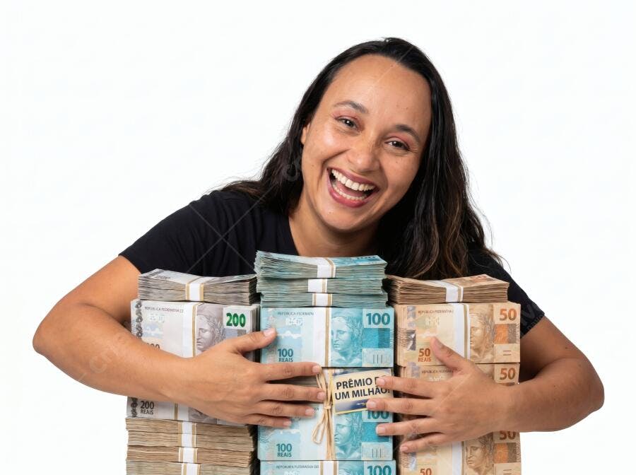 Foto Mulher Negra Feliz Abraçando Dinheiro Reais Brasileiros