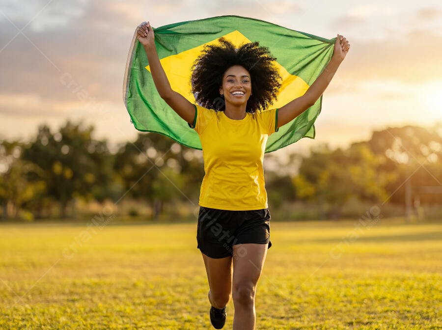 Foto Mulher Negra Feliz Correndo Bandeira do Brasil