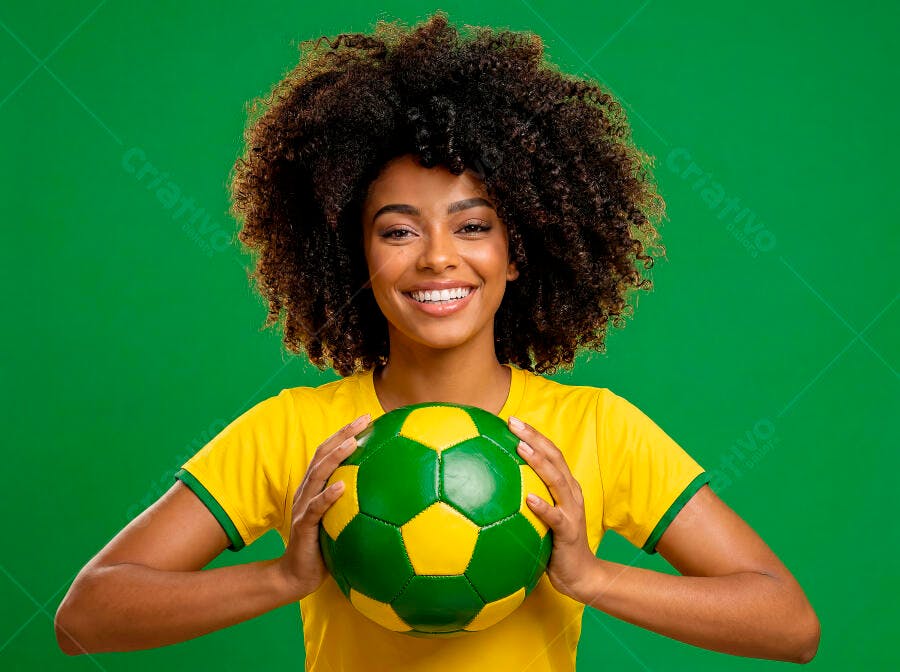 Foto Mulher Negra Sorrindo Segurando Bola de Futebol Fundo Verde