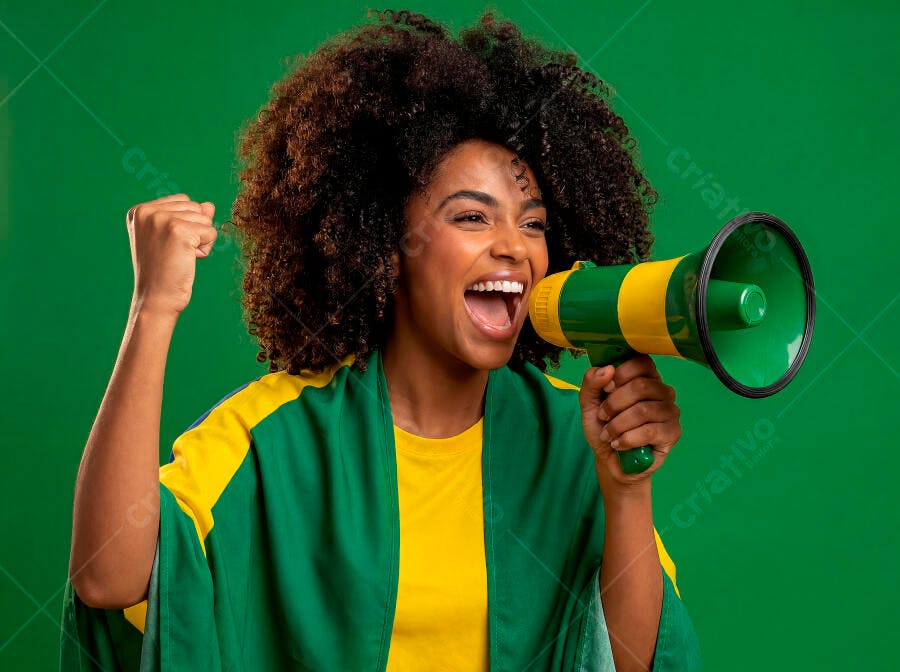 Foto Mulher Negra Torcendo Brasil Megafone Fundo Verde