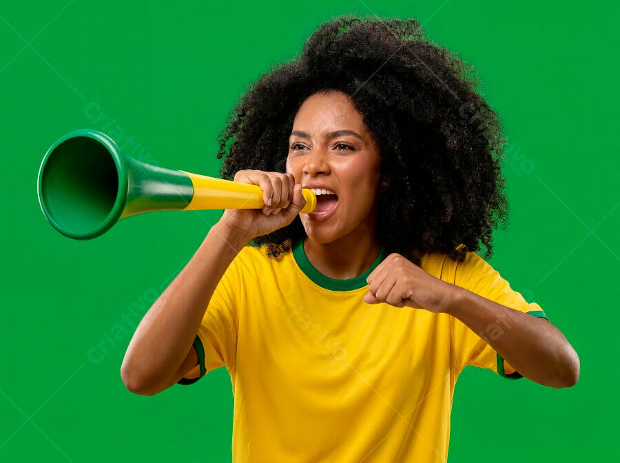 Foto Mulher Negra Torcendo Vuvuzela Camisa Brasil Fundo Verde