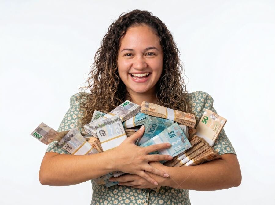 Foto Mulher Sorrindo Abraçando Dinheiro Reais Brasileiros Fundo Branco