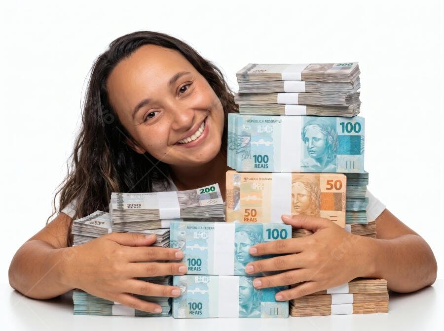 Foto Mulher Sorrindo Abraçando Dinheiro Reais Brasileiros