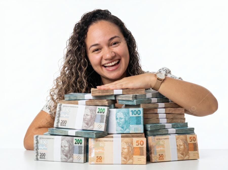 Foto Mulher Sorrindo com Pilha de Dinheiro Reais Brasileiros